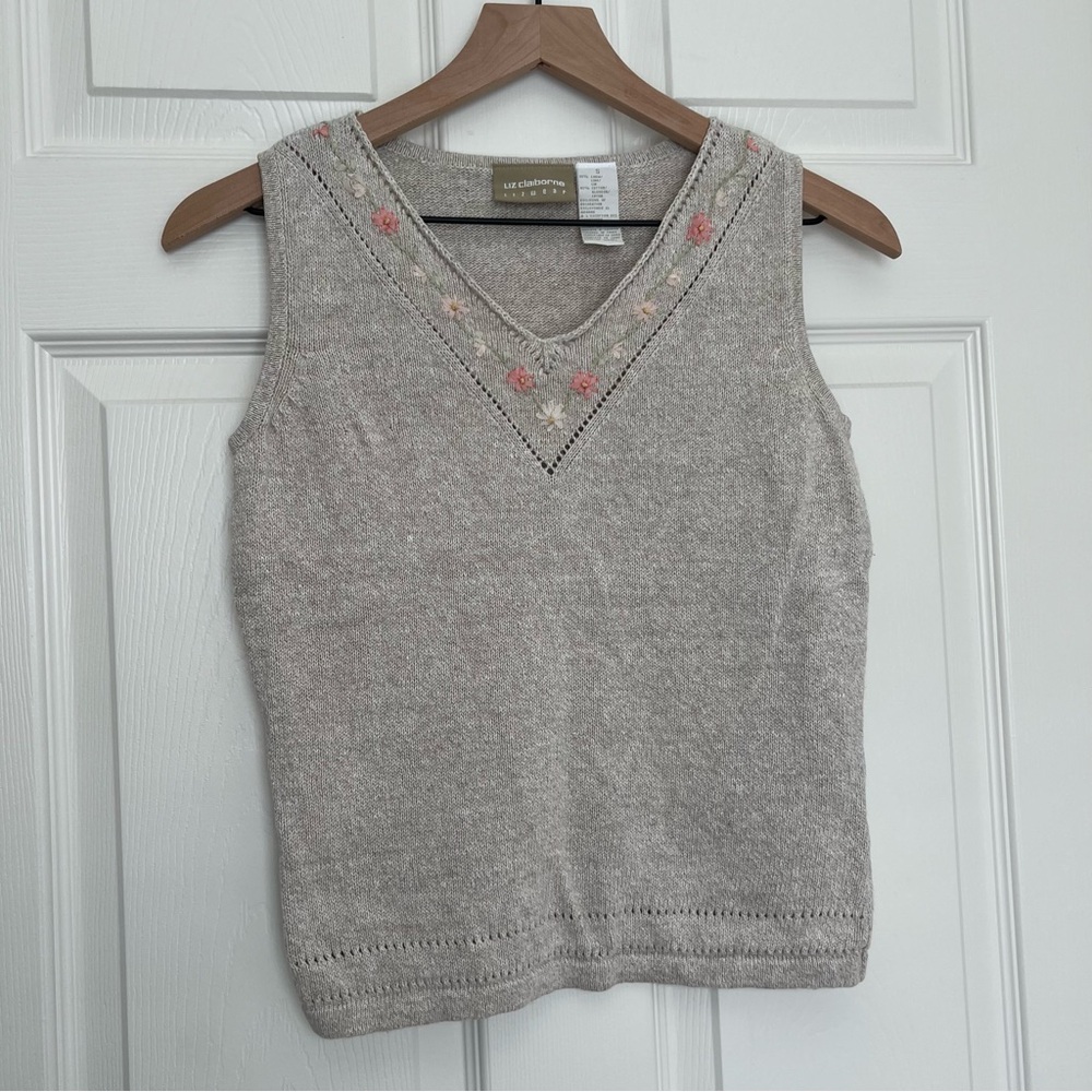 Vintage Liz Claiborne‎ Floral Embroidered Tank Top Linen Cotton Blend Top Small